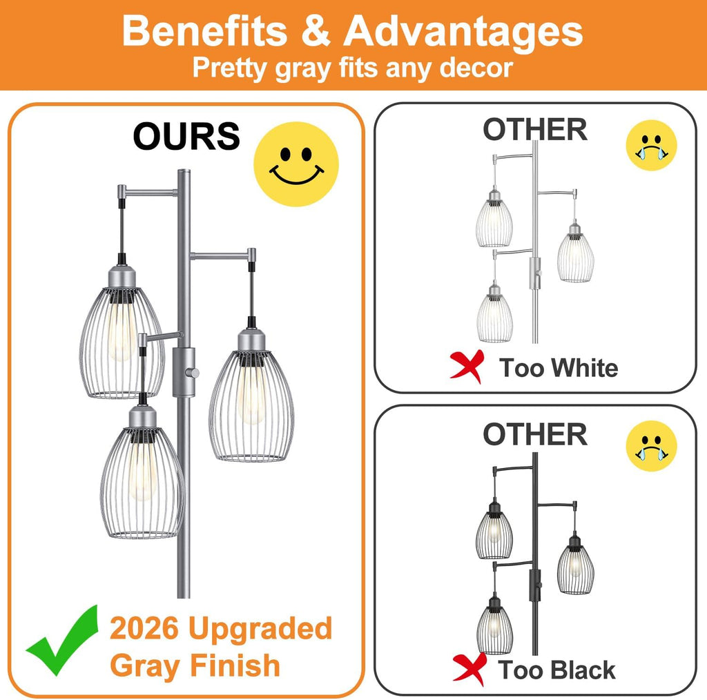 Torondo Dimmable Industrial Floor Lamps for Living Room, Gray Tree Standing Tall Lamps with 3 Elegant Teardrop Cage Head & 800 Lumens LED…