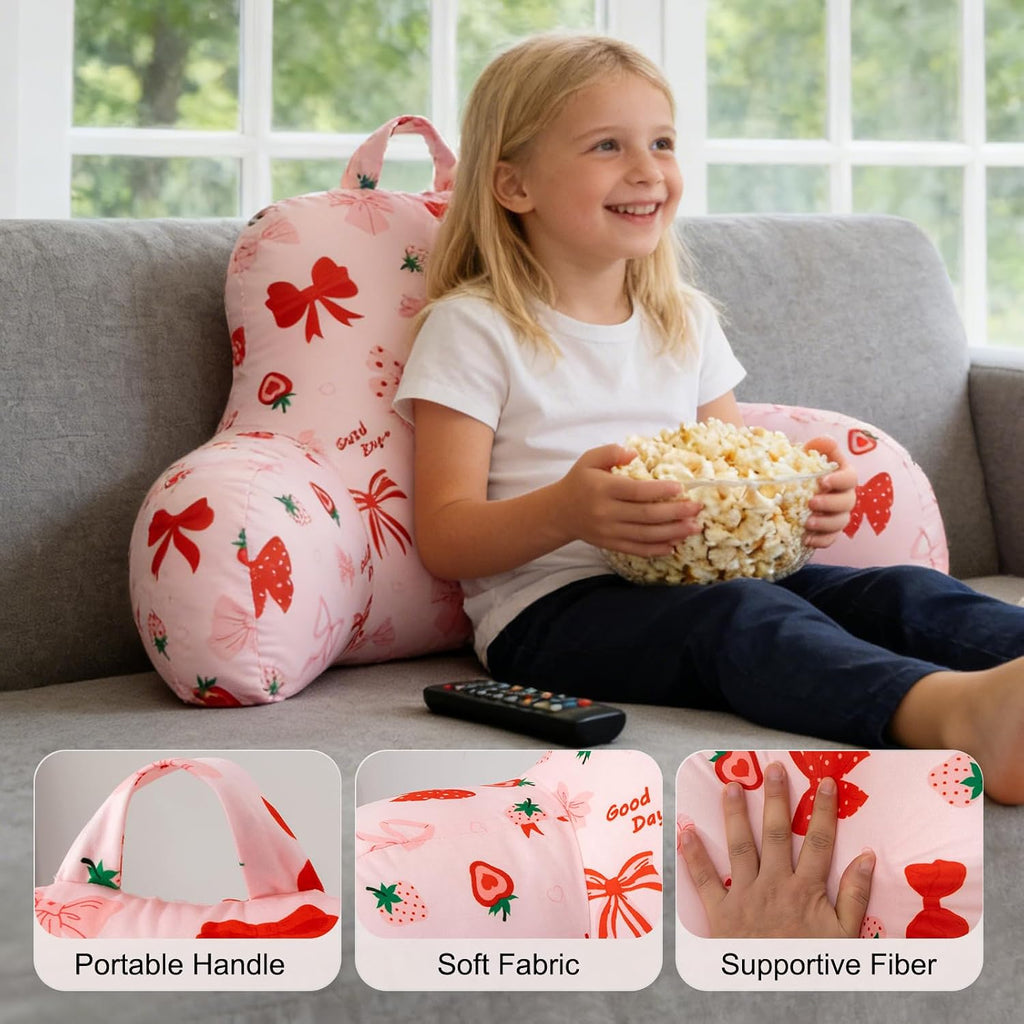Holawakaka Kids Backrest Reading Pillow with Arms, Strawberry Bowknot Print Plush Bed Rest Pillows for Girls Teens Sitting in Bed, Sofa…