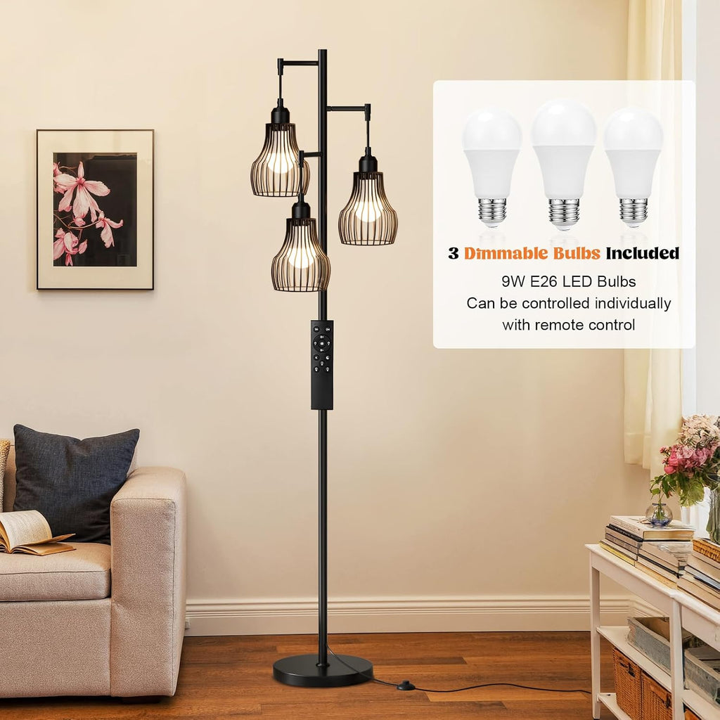 Ziisee Dimmable Floor Lamps for Living Room, Farmhouse Tree Standing Tall Lamp with Remote Control 3 Elegant Cage Shade LED Bulbs for…