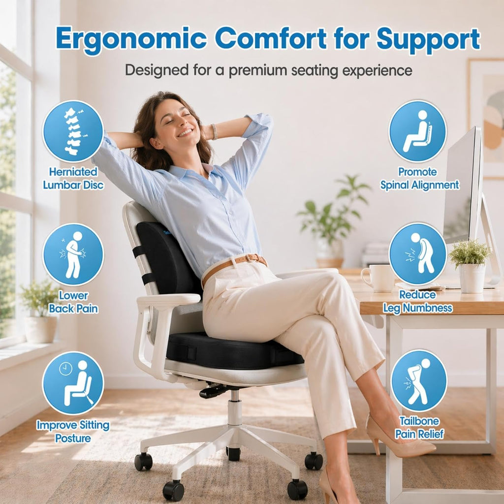 CloudBliss Lumbar Support Pillow & Seat Cushion Set for Office Chair, Desk Chair, Wheelchair & Car – Memory Foam Back Support, Ergonomic Ch…