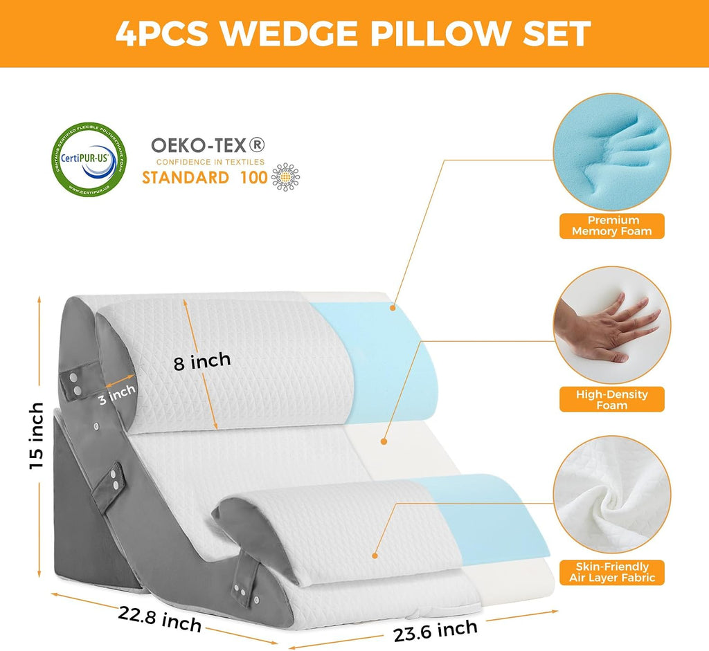 Ruqmuis 4PCS Wedge Pillow Set for After Surgery, Adjustable Back Pillow for Bed Sitting up, Acid Reflux, Bed Wedge Pillow Headboard for Sle…
