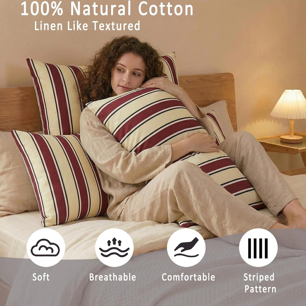 Merryword 100% Cotton Pillow Cases, Queen Size Pillowcases, Burgundy & Cream Striped Pillowcases, Luxury Linen Like Pillowcase, Soft Breath…