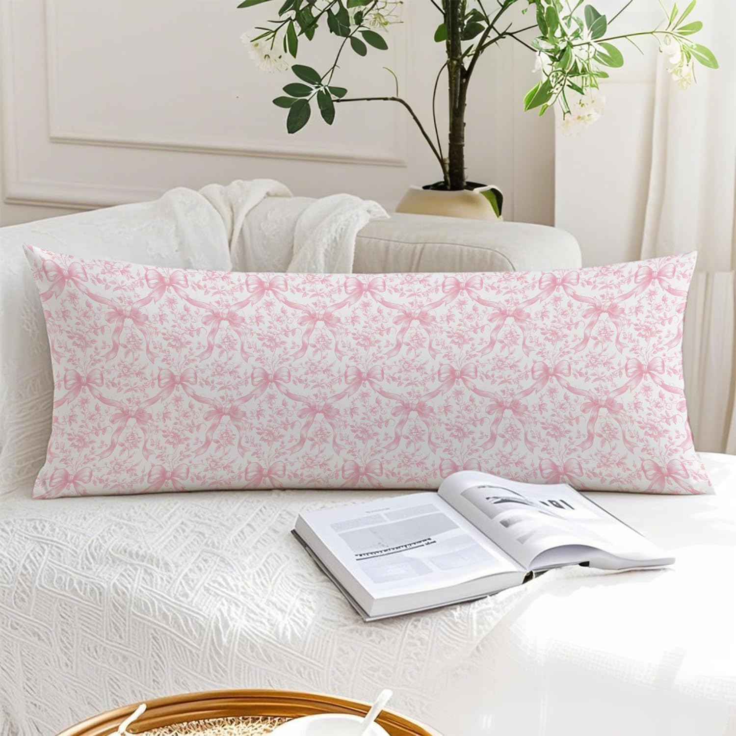 Coquette Pink Bow Chinoiserie Floral 20x54 Body Pillow Cover, Grandmillennial Home Decor, Cottagecore Preppy Pink Flower Decorative Long…