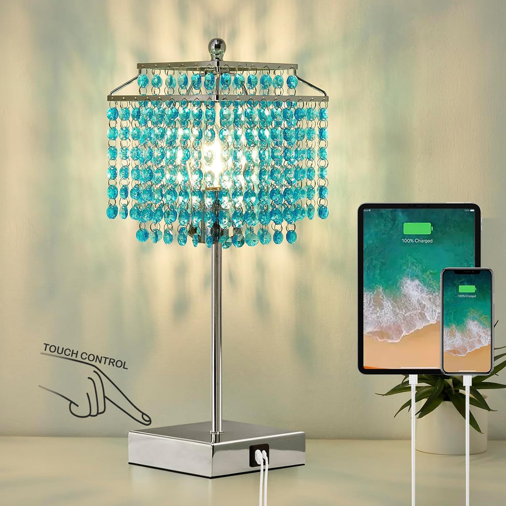 Luvkczc Crystal Table Lamp with Touch Control, Bedside Crystal Table Lamp with USB C+A Ports, Dimmable Lamp for Girls Bedroom, Living…