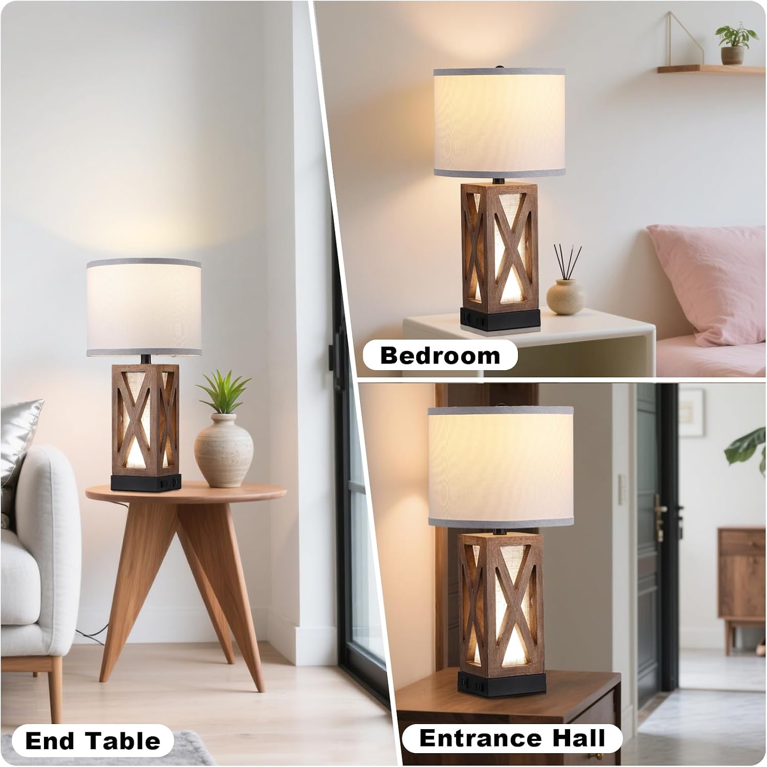 Set of 2 Wood Table Lamp with 3 Color Temperatures, Nightstand Table Lamp with AC Outlet, USB A & C Charging Port, Bedside Lamps for…