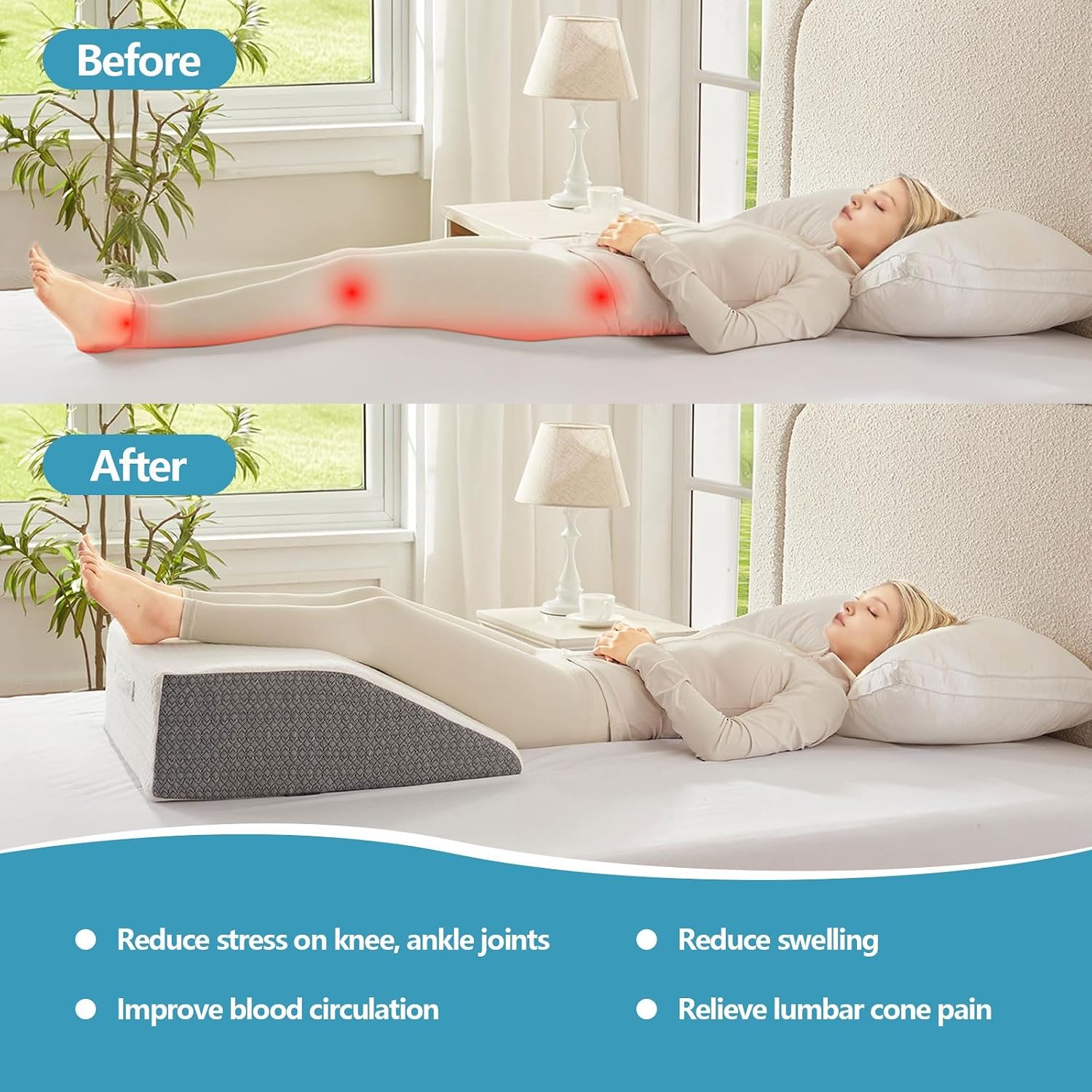 Nordjager Leg Pillow for Elevation & Support, 24"x22"x10" Memory Foam Cushion with Grey White Patterned Polyester Cover, Ideal for Improvin…