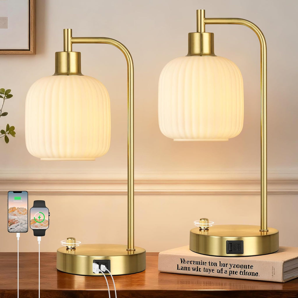 QiMH Industrial Table Lamp for Bedroom Set of 2, Cream Glass Beside Lamp with USB A&C Ports, Stepless Dimmable Gold Lamps, Nightstand…