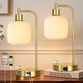 QiMH Industrial Table Lamp for Bedroom Set of 2, Cream Glass Beside Lamp with USB A&C Ports, Stepless Dimmable Gold Lamps, Nightstand…