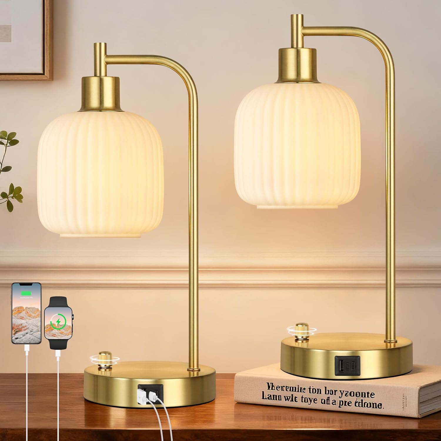 QiMH Industrial Table Lamp for Bedroom Set of 2, Cream Glass Beside Lamp with USB A&C Ports, Stepless Dimmable Gold Lamps, Nightstand…