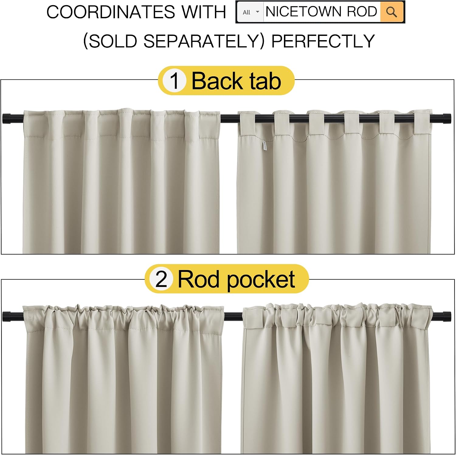 NICETOWN Blackout Curtain Panels for Living Room - (Natural Color) 42x63 Inch, 2 Panels Set, Thermal Insulated Room Darkening Blackout…