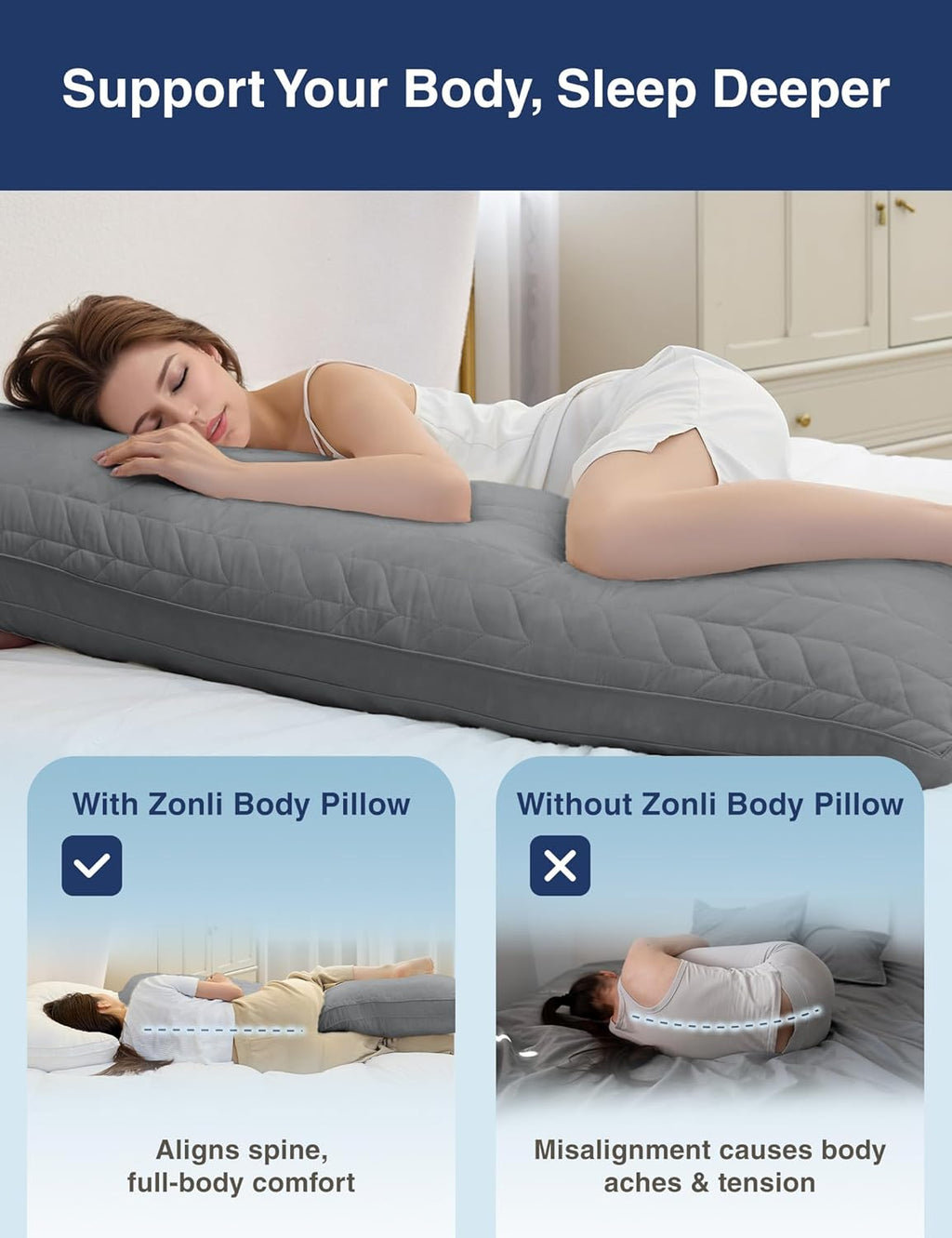 ZonLi Long Body Pillow for Adults, Firm Body Pillow with Adjustable Shredded Memory Foam, Soft Support for Side Sleepers, Pregnant Women…