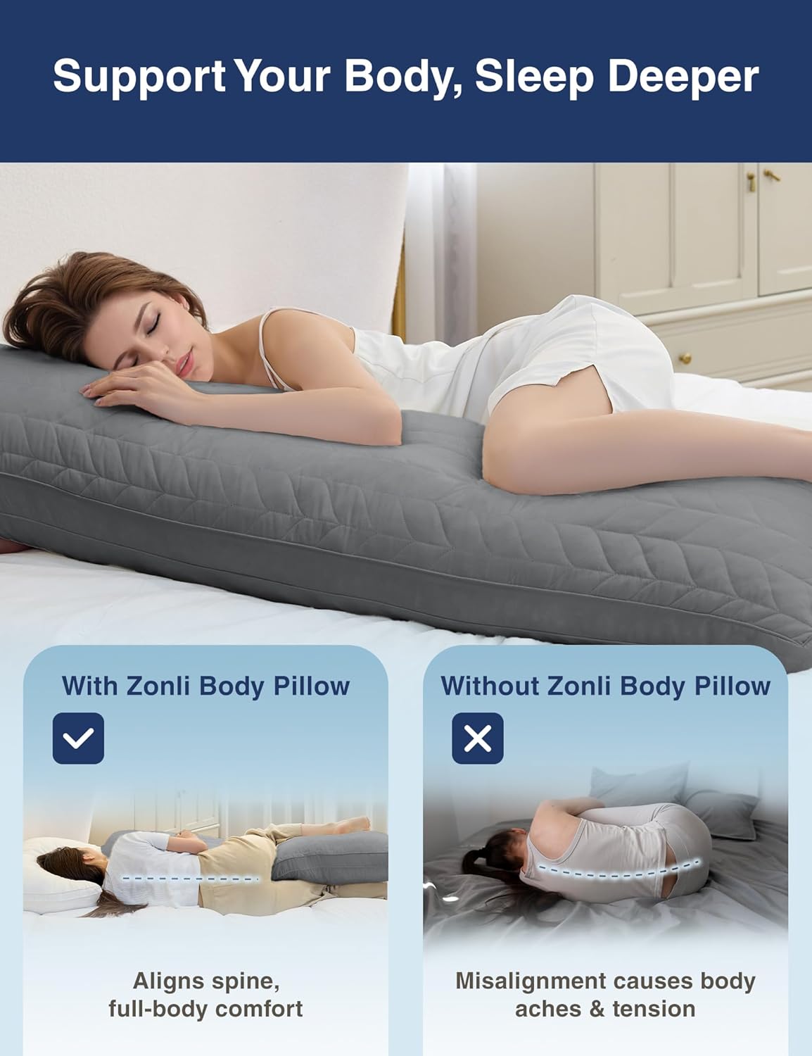 ZonLi Long Body Pillow for Adults, Firm Body Pillow with Adjustable Shredded Memory Foam, Soft Support for Side Sleepers, Pregnant Women…