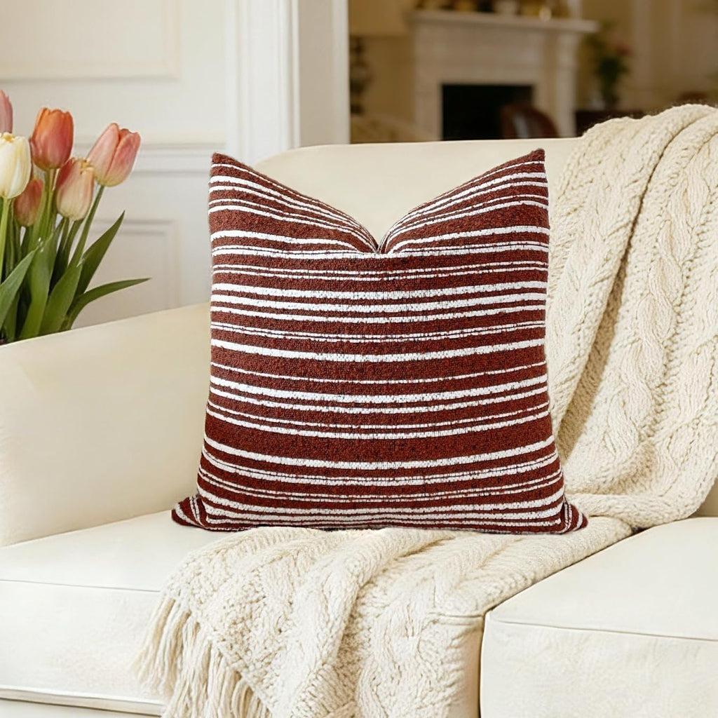 Slow Cow Boho Chenille Textured Woven Stripe Throw Pillow Covers Decorative Cushion Cover Square Pillow Cover Accent Neutral Pillowcase…