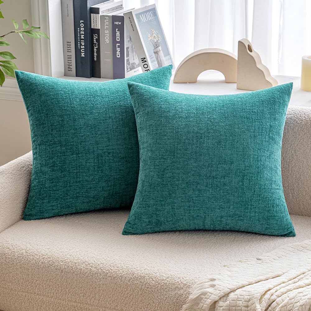 Miulee Pack of 2 Couch Throw Pillow Covers 26x26 Inch Soft Teal Chenille Pillow Covers for Sofa Living Room Solid Dyed Pillow Cases