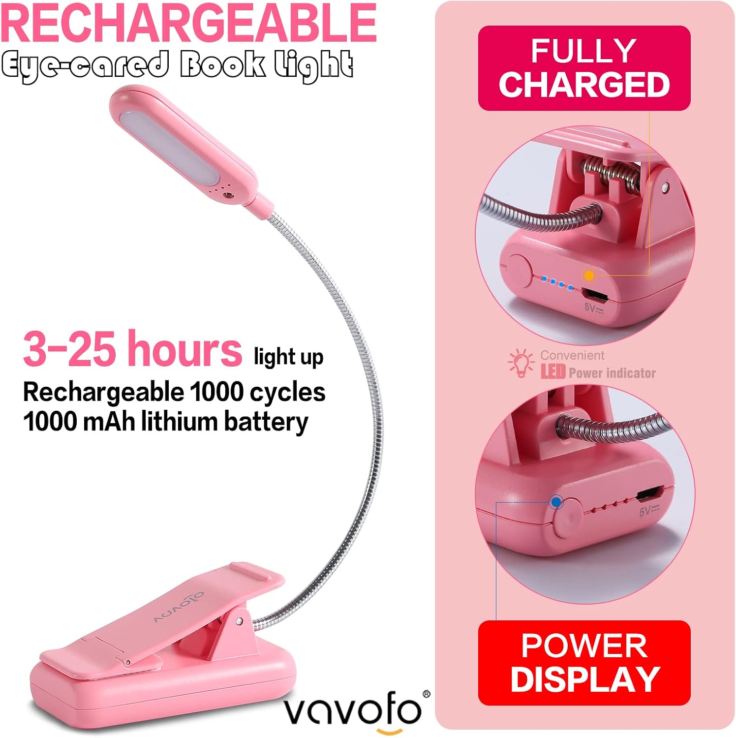 Vavofo Rechargeable Book Light for Reading in Bed Kids, 7 LED Reading Light with 9-Level Warm Cool White Daylight, Eye comfort Lamp with…