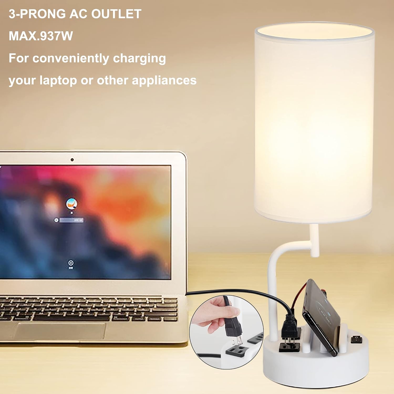 Dreamholder Table Lamp with 3 USB Charging Ports, Modern Desk Lamp with AC Outlet and Phone Stands, Perfect Bedside Lamp for Bedroom…