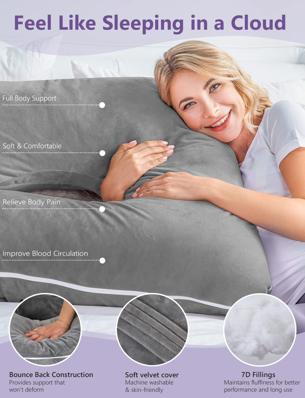 Meiz Pregnancy Pillow, U Shaped Pregnancy Body Pillow with Zipper Removable Cover (Gray- Velvet) 0 Count 55 Inch Gray