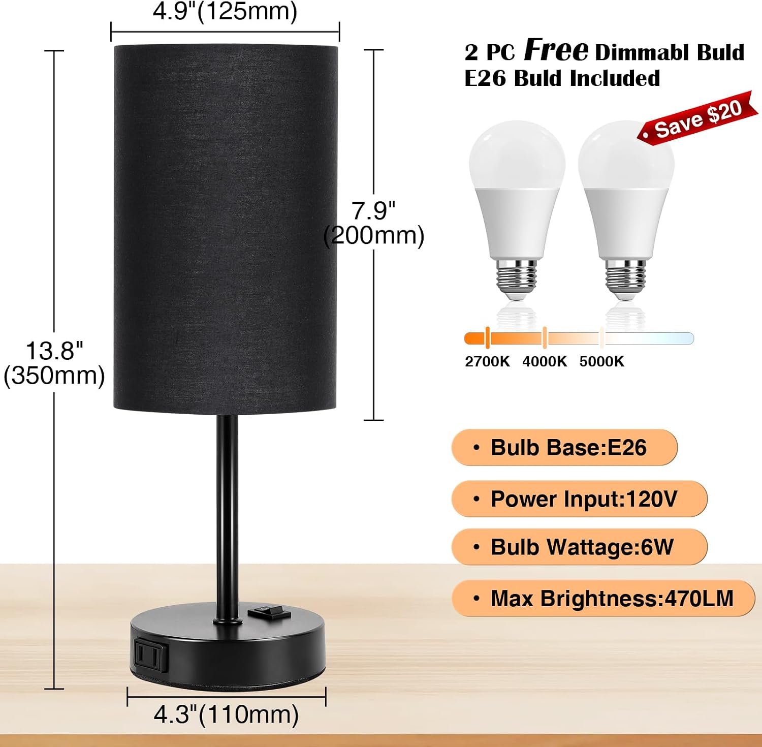 ZJOJO Table Lamp for Bedroom Set of 2, Bedside Small Lamps with 3 Way Dimmable Rocker Switch and AC Outlet, Nightstand Desk Lamp with…