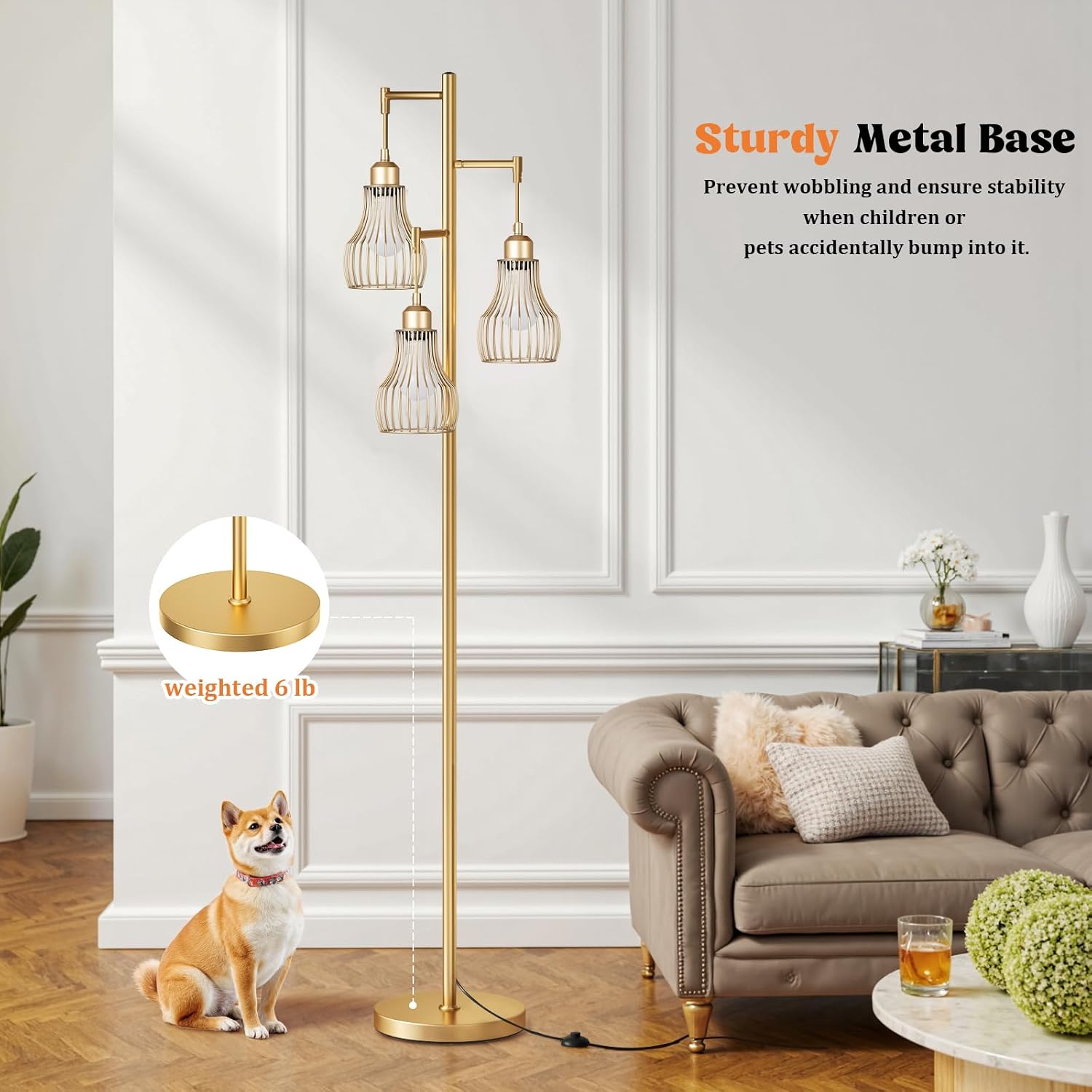 Ziisee Dimmable Gold Floor Lamps for Living Room, Farmhouse Tree Standing Tall Lamp with Remote Control 3 Elegant Cage Shade LED Bulbs…