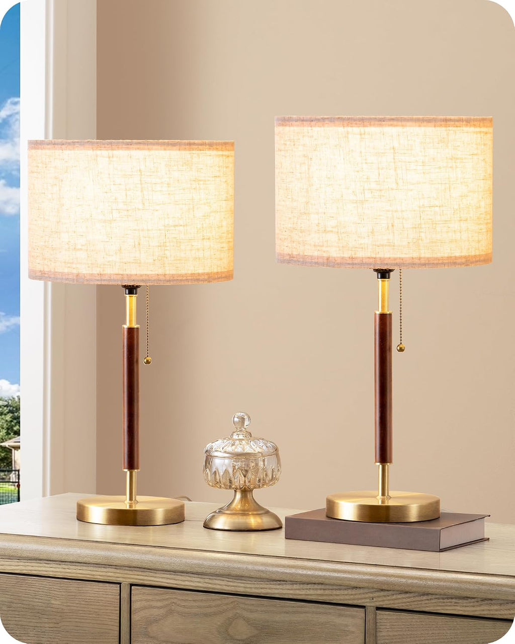 EDISHINE Mid Century Table Lamp Set of 2, Pull Chain Switch Bedside Lamp, Linen Shade, Solid Wood Pole & Bronze Brushed Metal Base…