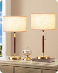 EDISHINE Mid Century Table Lamp Set of 2, Pull Chain Switch Bedside Lamp, Linen Shade, Solid Wood Pole & Bronze Brushed Metal Base…
