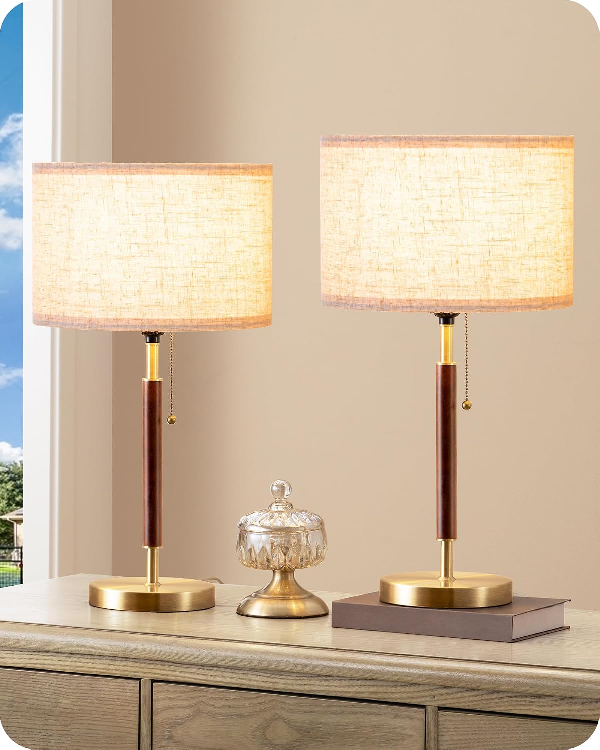 EDISHINE Mid Century Table Lamp Set of 2, Pull Chain Switch Bedside Lamp, Linen Shade, Solid Wood Pole & Bronze Brushed Metal Base…