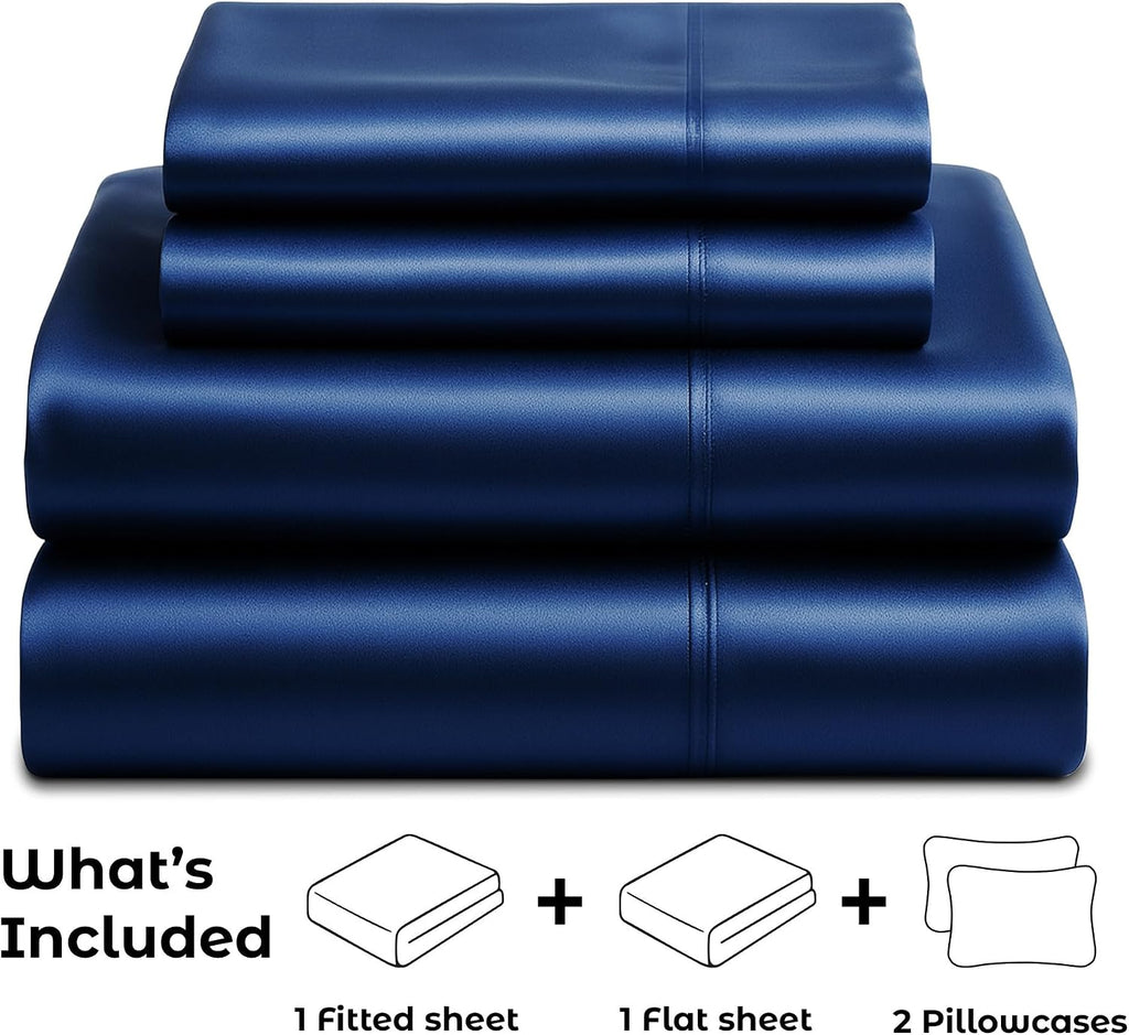 PureBedding Pure Bedding Satin Sheets King [4-Piece, Navy] Hotel Luxury Silky Bed Sheets Extra Soft 1800 Microfiber Sheet Set, Wrinkle, Fad…