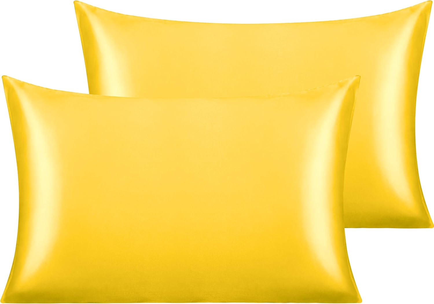 Ntbay 2 Pack Satin Queen Pillowcases for Hair and Skin, Luxurious and Silky Pillow Cases with Envelope Closure, 20x30 Inches, Yellow 2 Pack…