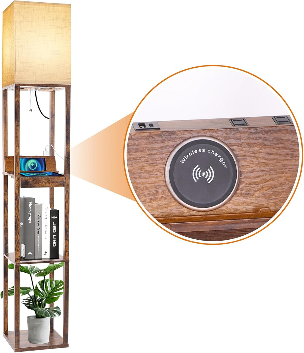 RUNTOP Floor Lamp with Shelves, Shelf Floor Lamp with Wireless Charger & 2 Charging USB Ports & Drawer, AC Outlet, 3 Color Temperature…