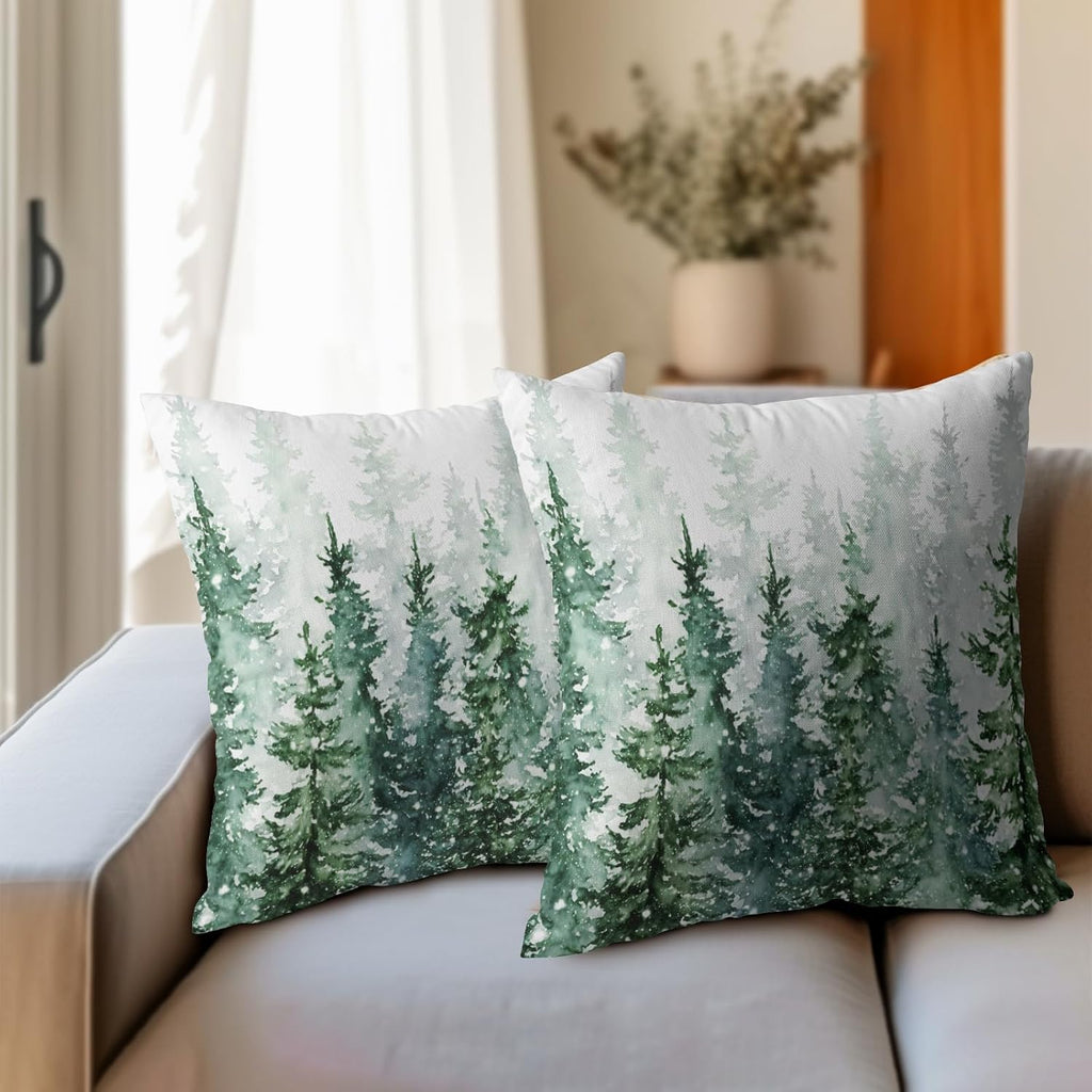 Granbey Winter Forest Pillow Covers 16x16 Inch 2Pcs Watercolor Green Misty Pine Tree Nature Landscape Throw Pillows Cover Mountain Square C…
