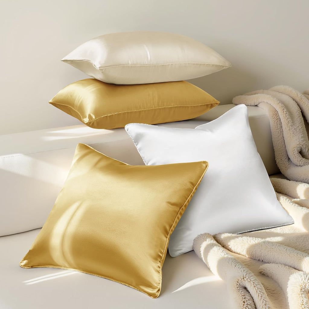 Homeideas Champagne Decorative Throw Pillow Covers 18x18 Set of 2, Glossy Faux Silk Pillow Covers for Couch Sofa Bed Decor Luxury Summer Eu…