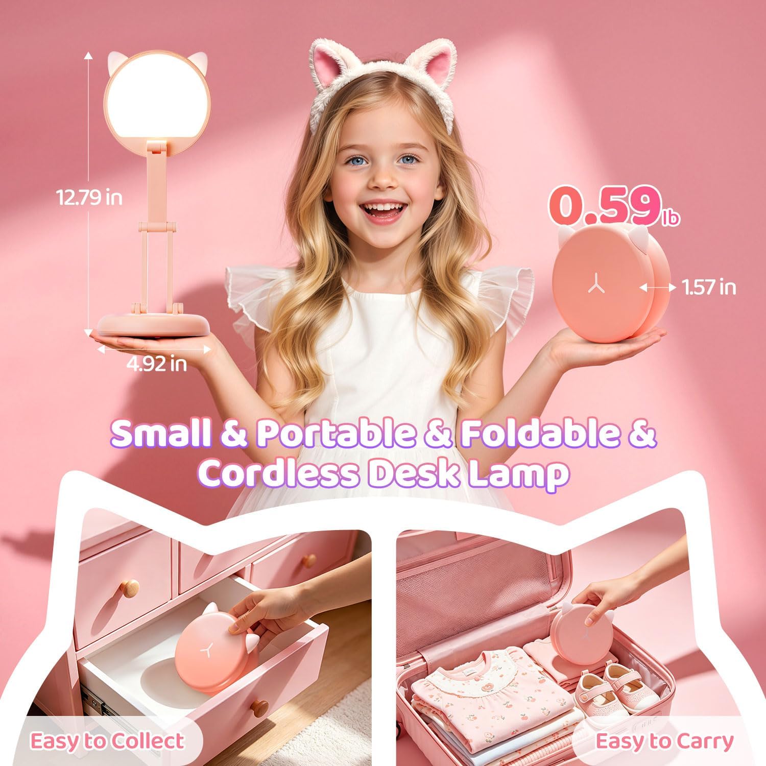 One Fire Cute Desk Lamp Pink Dorm Lamps for College Girls Foldable Portable Rechargeable Dimmable Cute Cat Lamp Kawaii Room Decor, College…