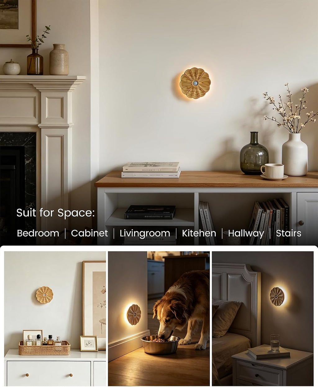 Night Light Wooden Carved Flower Mini USB Rechargeable Motion Sensor Nightlights Magnetic Wall Light for Hallway, Bedroom, Living Room…
