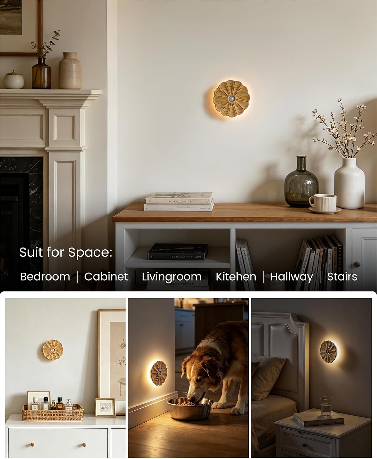 Night Light Wooden Carved Flower Mini USB Rechargeable Motion Sensor Nightlights Magnetic Wall Light for Hallway, Bedroom, Living Room…