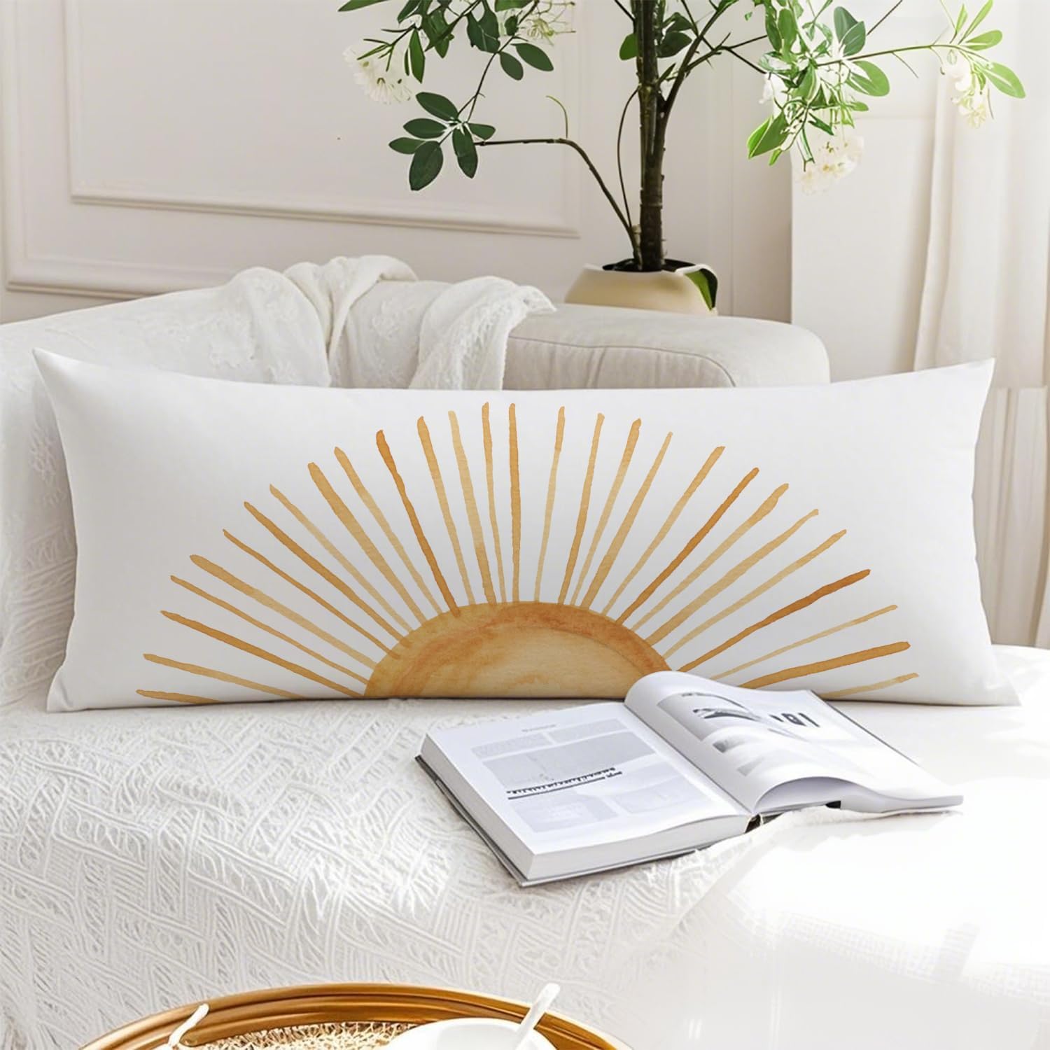 Boho Sun Sunset Sunrise 20x54 Body Pillow Cover, Boho Sunshine Nursery Decor, Minimalist Watercolor Horizontal Sun Sunshine Decorative…