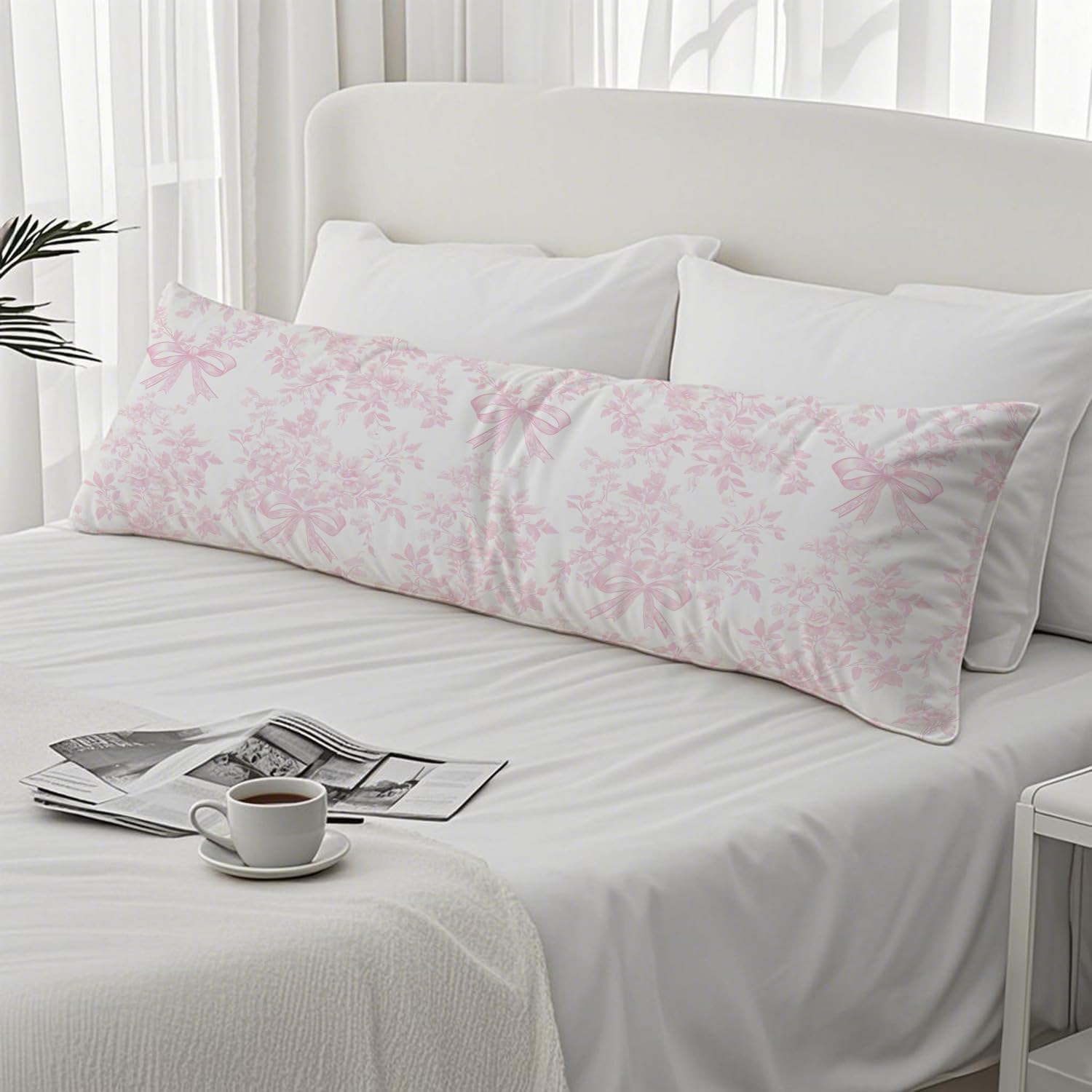 Chinoiserie Pink and White Floral 20x54 Body Pillow Cover, Chinoiserie Decor, Pink Coquette Bow Flowers Grand Millenial Decorative Long…