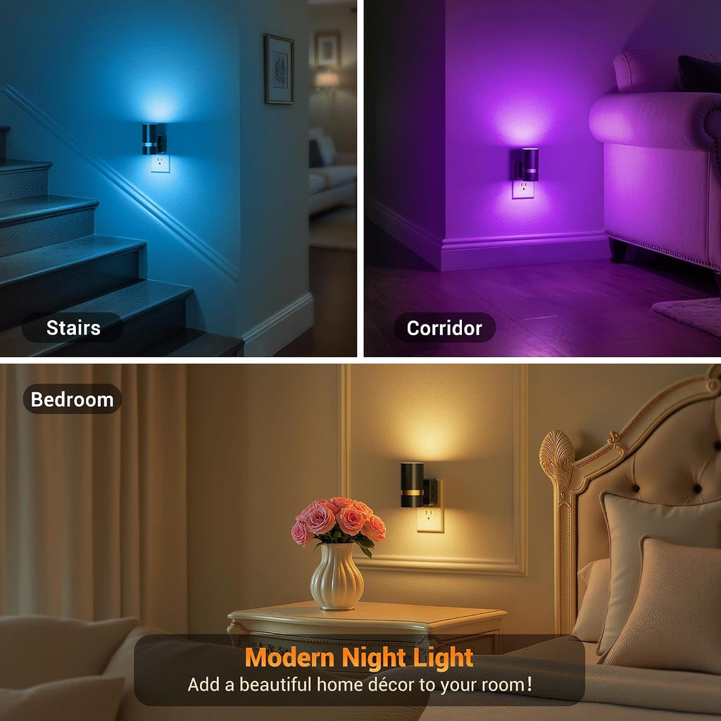 JandCase Night Lights Plug into Wall,2 Pack 10-Color Change RGB Night Light with Dusk to Dawn, 10/25/50/75/100LM Dimmable Plug in LED…