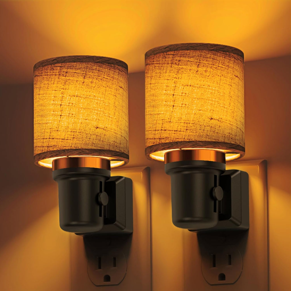 L LOHAS LED Night Lights Plug into Wall, 2 Pack Linen Fabric Cylinder Decor Night Light, Dusk to Dawn Sensor Vintage Nightlight, Amber…
