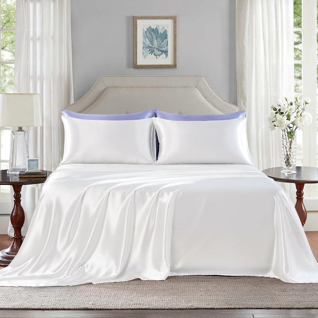 Golal Satin Sheets King Size - 4 Pieces Luxury Silky Soft Bed Sheets, Wrinkle-Free White Satin Silk Sheet Set with 1 Deep Pocket Fitted She…