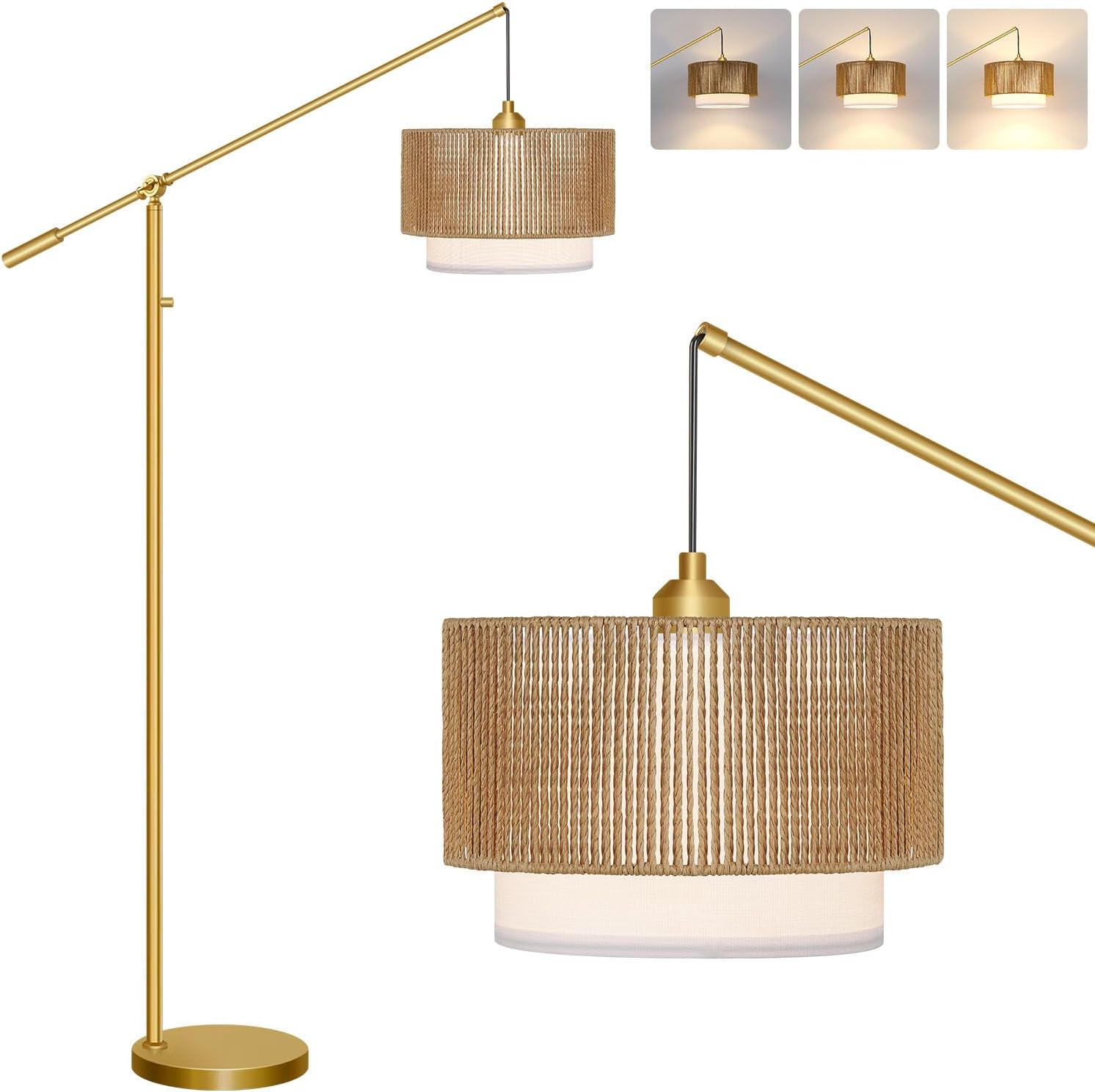 Upgraded】Arc Floor Lamp for Living Room, Boho Dimmable Swing Arm Floor Lamp with Rattan & Fabric Shades, Gold Rattan Standing Lamp with…