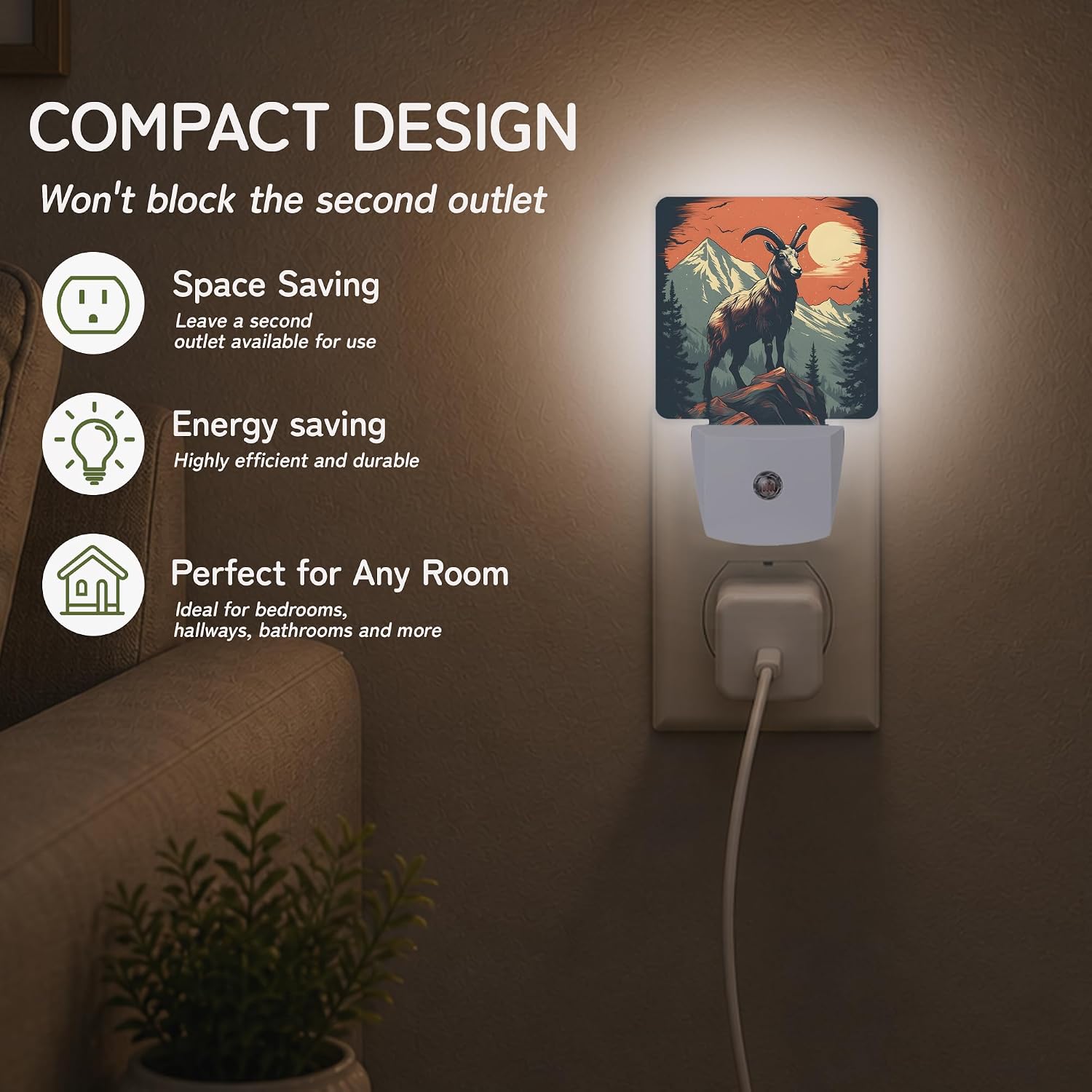 Mountain Goat Sunset Night Lights Plug into Wall, Night Light with Dusk to Dawn Sensor for Bedroom Bathroom Kitchen Hallway Stairs…