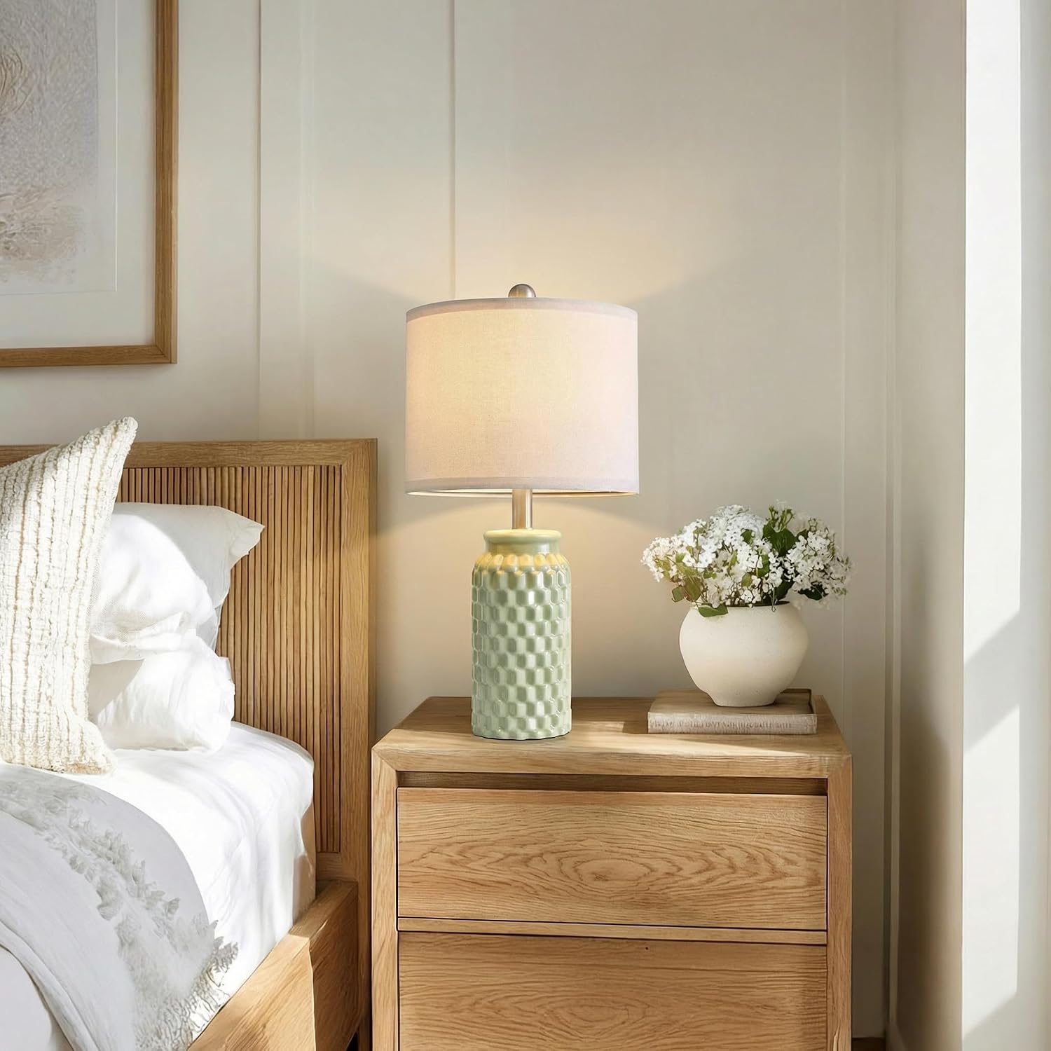20.5" Small Bedside Lamps Set of 2 with 5FT Cord, Green Ceramic Modern Farmhouse Table Lamps for Nightstand, Living Room, Bedroom, 3D…