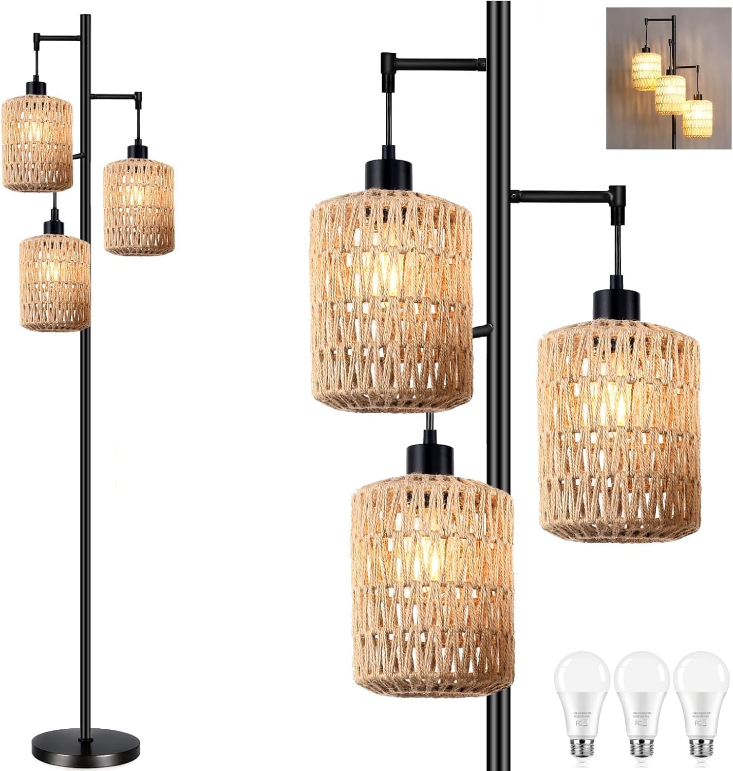 QIYIZM Floor Lamp for Living Room, Bedroom,3-Lights Boho Rattan Tree Floor Lights, Industrial Black Farmhouse Standing Lamp Wicker Rustic…