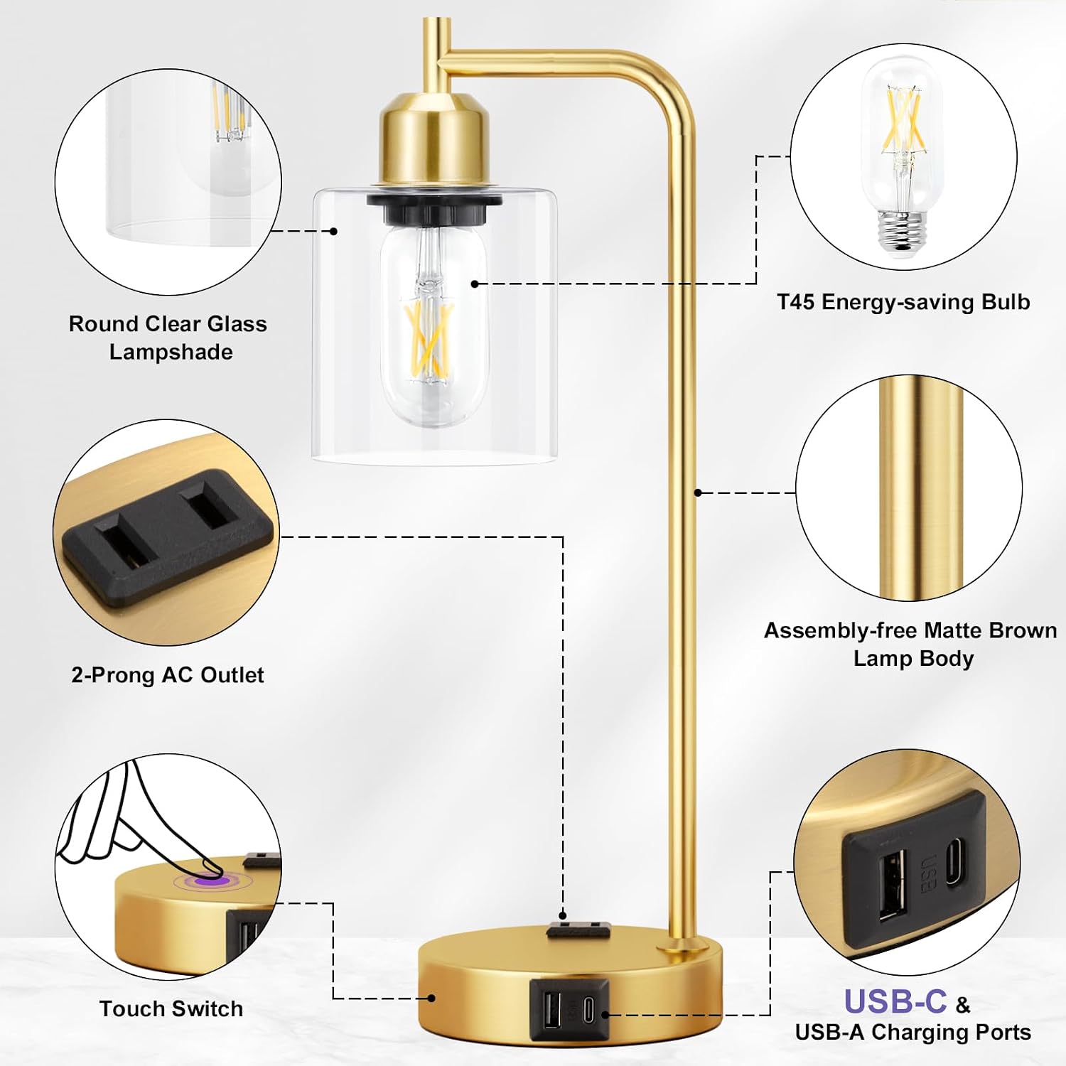 Innqoo Industrial Gold Table Lamp for Bedrooms Set of 2-3-Way Dimmable Desk Lamp with USB C+A Ports and Outlet, Gold Lamps with Clear…