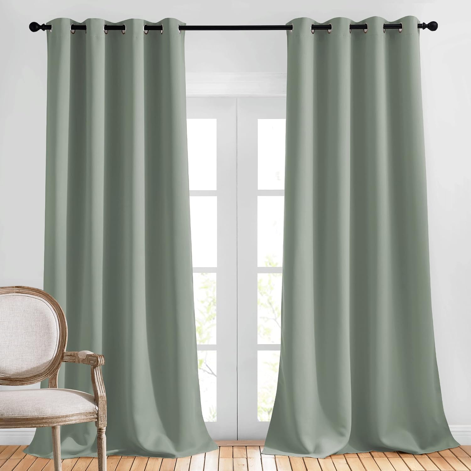Nicetown Bedroom Curtains 95 inches Long - Grommet Top Thermal Insulated Solid Energy Saving Sound Reducing Drapes for Living Room, Sage Gr…