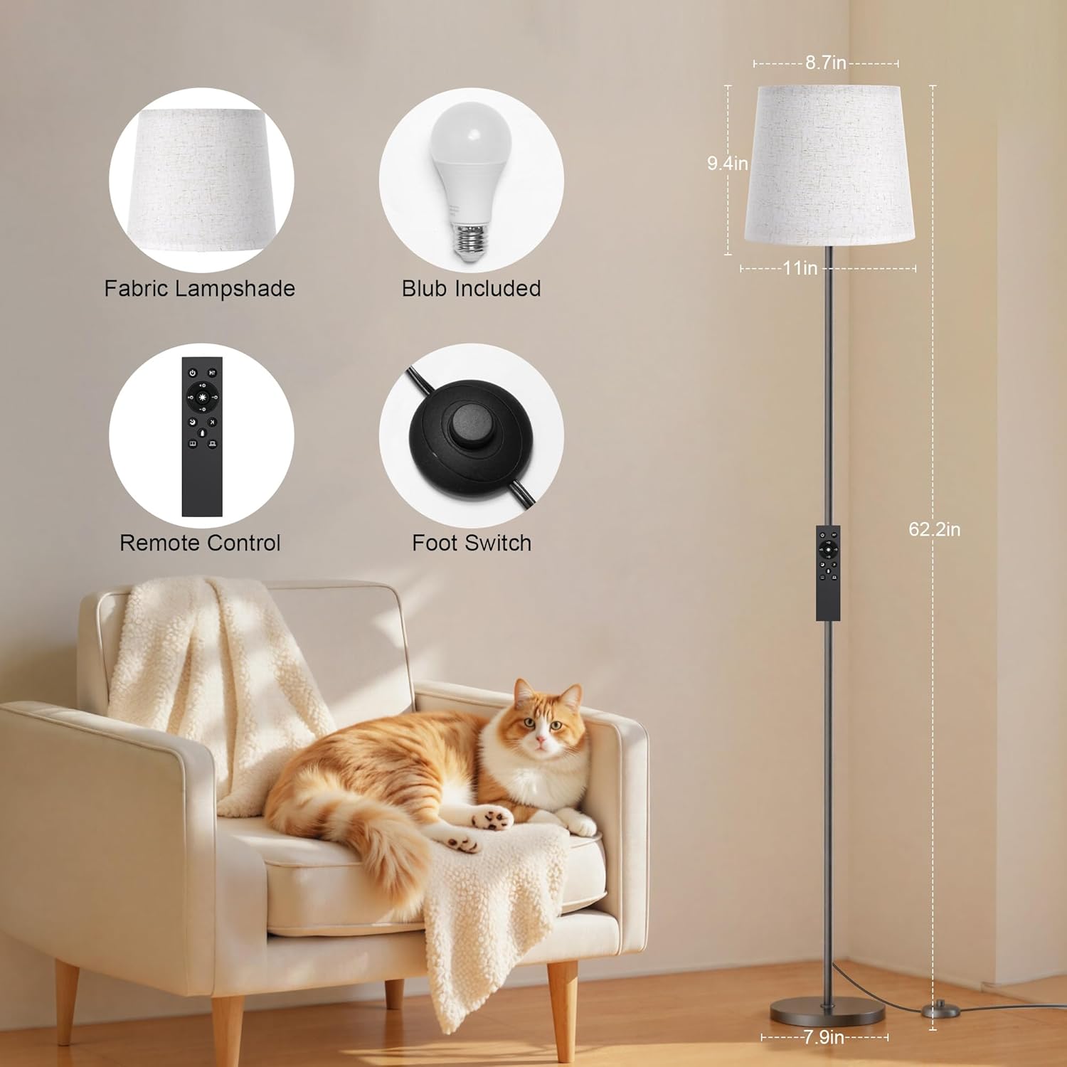 SIBRILLE Floor Lamp with Linen Shade - 62" Dimmable LED Standing Lamp with Remote Control, 9W E26 Bulb Included, 3000-6000K, Modern Floor…