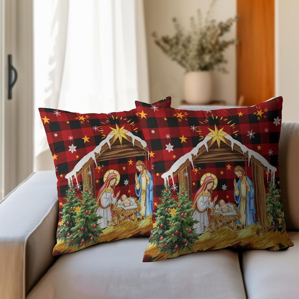 Jesus Nativity Throw Pillow Cover 18x18 Inch Set of 2 Xmas Red Buffalo Plaid Pillow Case Christma O Holy Night Winter Holiday Cushion…