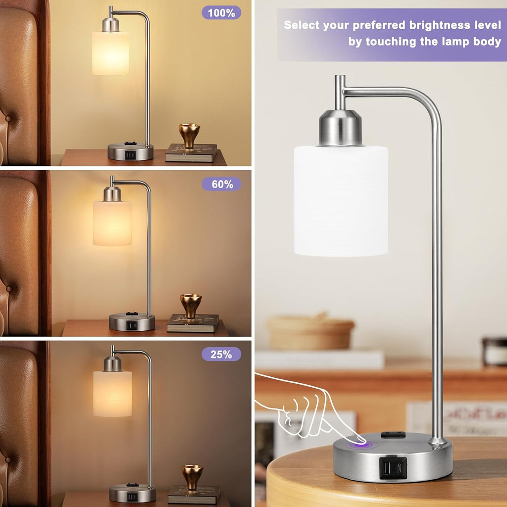 Innqoo Industrial Nickel Table Lamps for Bedrooms Set of 2-3-Way Dimmable Desk Lamp with USB C+A Ports and Outlet, Sliver Lamps with…