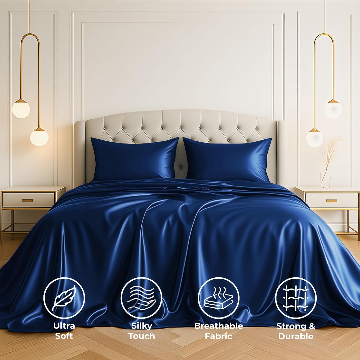 PureBedding Pure Bedding Satin Sheets King [4-Piece, Navy] Hotel Luxury Silky Bed Sheets Extra Soft 1800 Microfiber Sheet Set, Wrinkle, Fad…