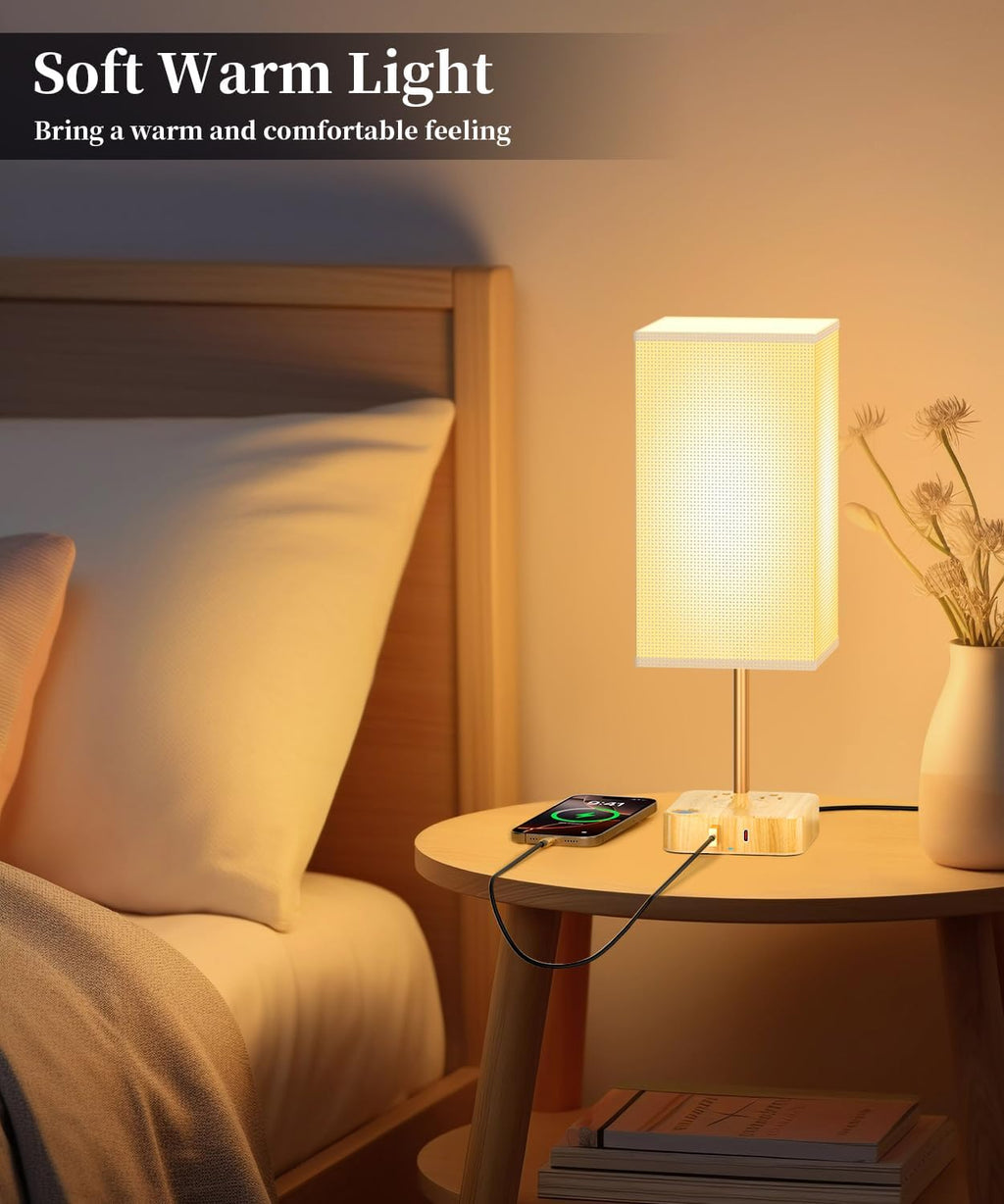 cozoo USB Bedside Table Desk Lamp with 2 USB Charging Ports and 2 AC Outlets, Dimmable Nightstand Lamp with Charger Base White Fabric…